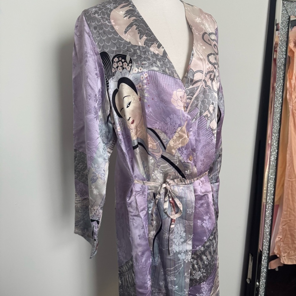 Vintage 100% Silk Kimono Robe Duster w Print japanese dragon geisha XL lavender - Picture 5 of 15